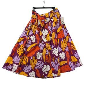 Worthington Skirt Women’s 14 Purple Yellow Floral Midi Pleated Mid Rise Palm NWT